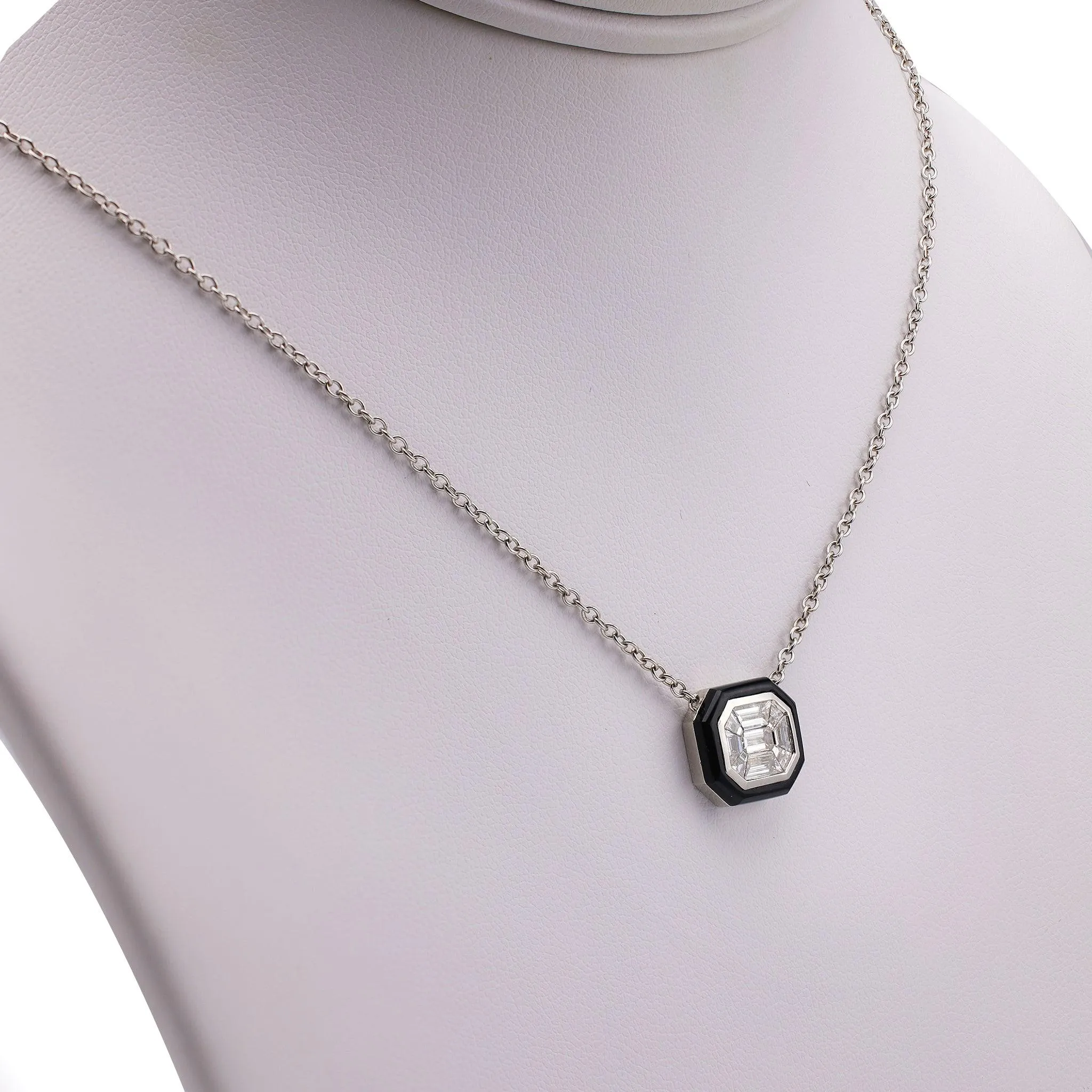 0.63 Carat Total Weight Diamond Onyx 18k White Gold Pendant Necklace