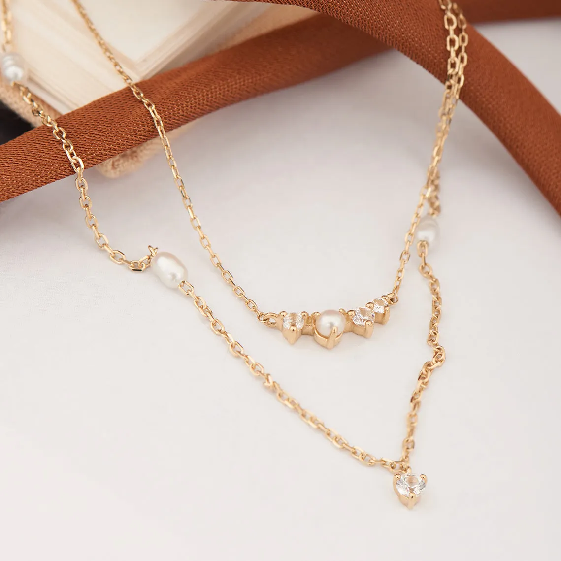 14kt Gold Pearl and White Sapphire Radiance Necklace