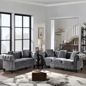 80 in. Chesterfield Gray Tufted Velvet Upholstered Sectional Sofa and Loveseat Combo with Nailhead Accents