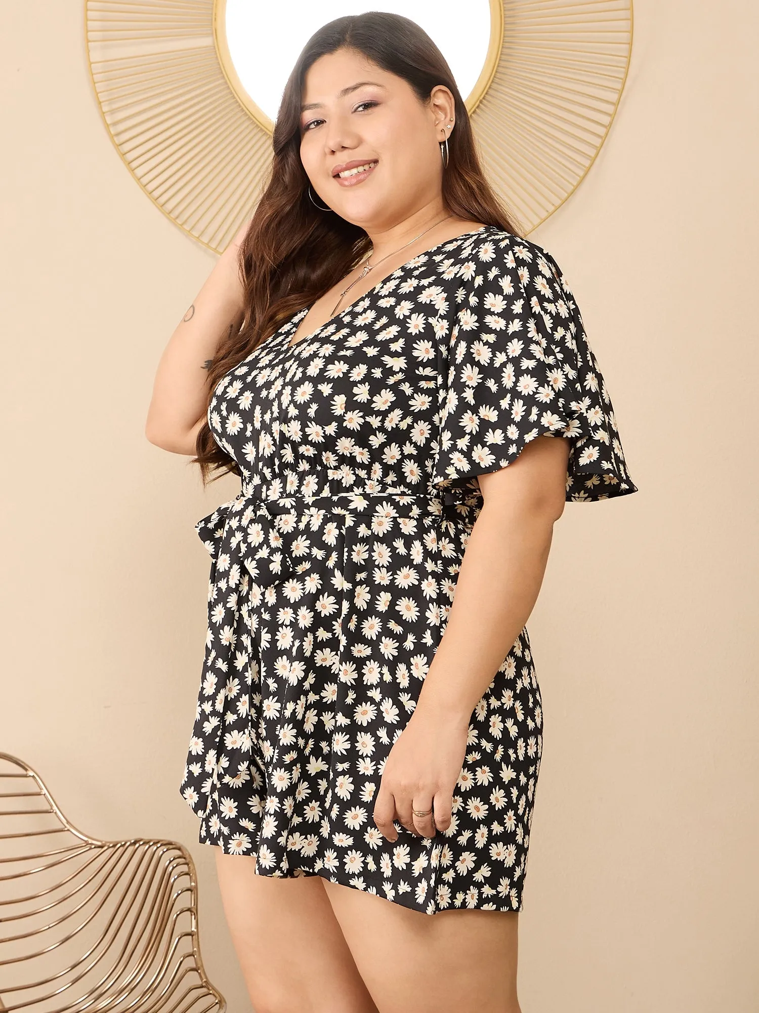 Berrylush Curve Black V-Neck Floral Print Short Sleeve Mini Jumpsuit