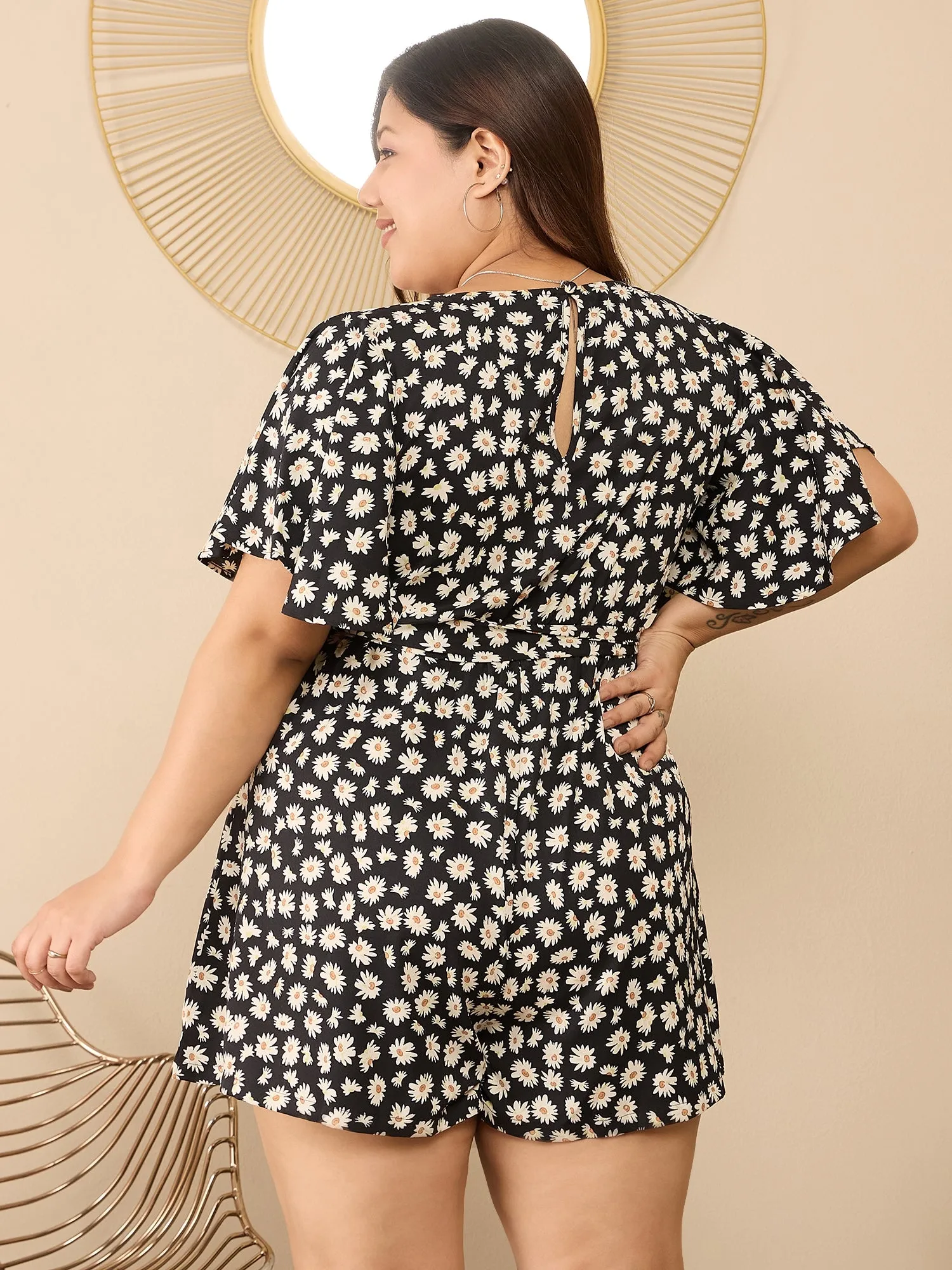 Berrylush Curve Black V-Neck Floral Print Short Sleeve Mini Jumpsuit