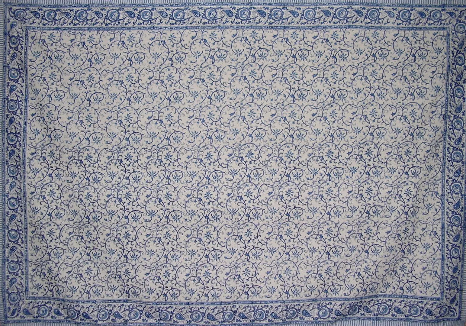 Block Print Rajasthan Vine Cotton Tablecloth 90" x 60" Blue