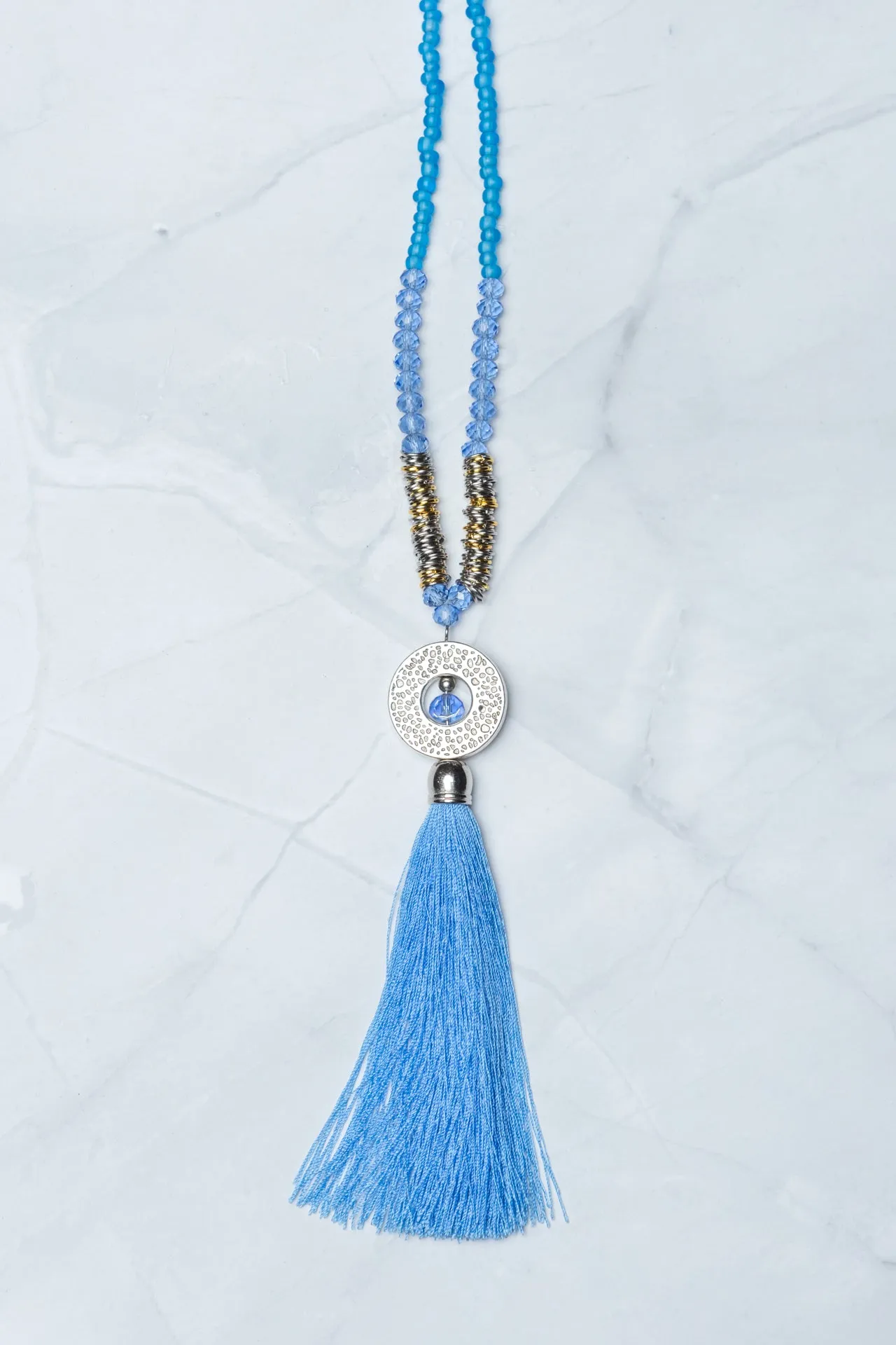 Blue Circle Pendant Tassel Necklace