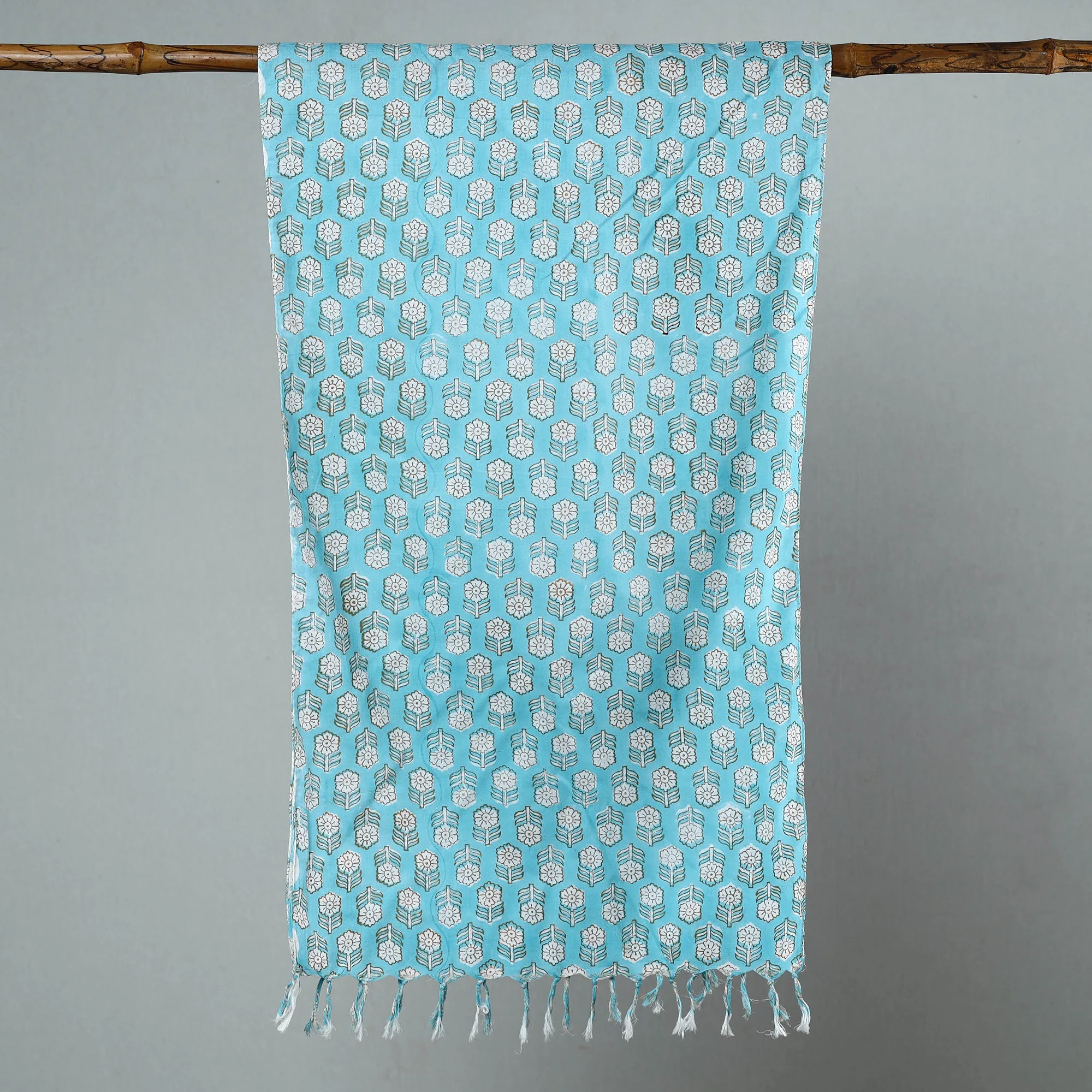 Blue - Sanganeri Block Printed Cotton Stole with Tassels 26