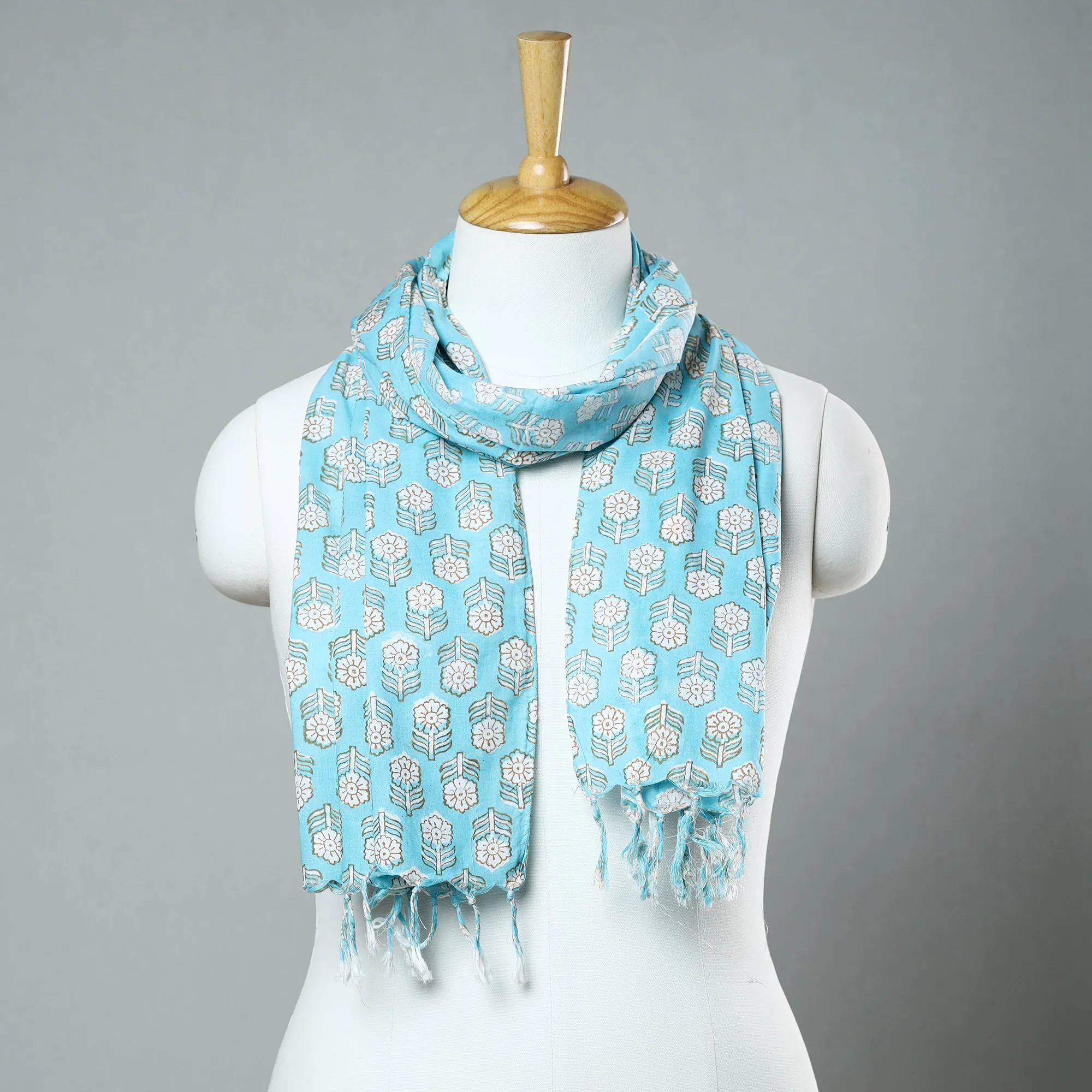 Blue - Sanganeri Block Printed Cotton Stole with Tassels 26