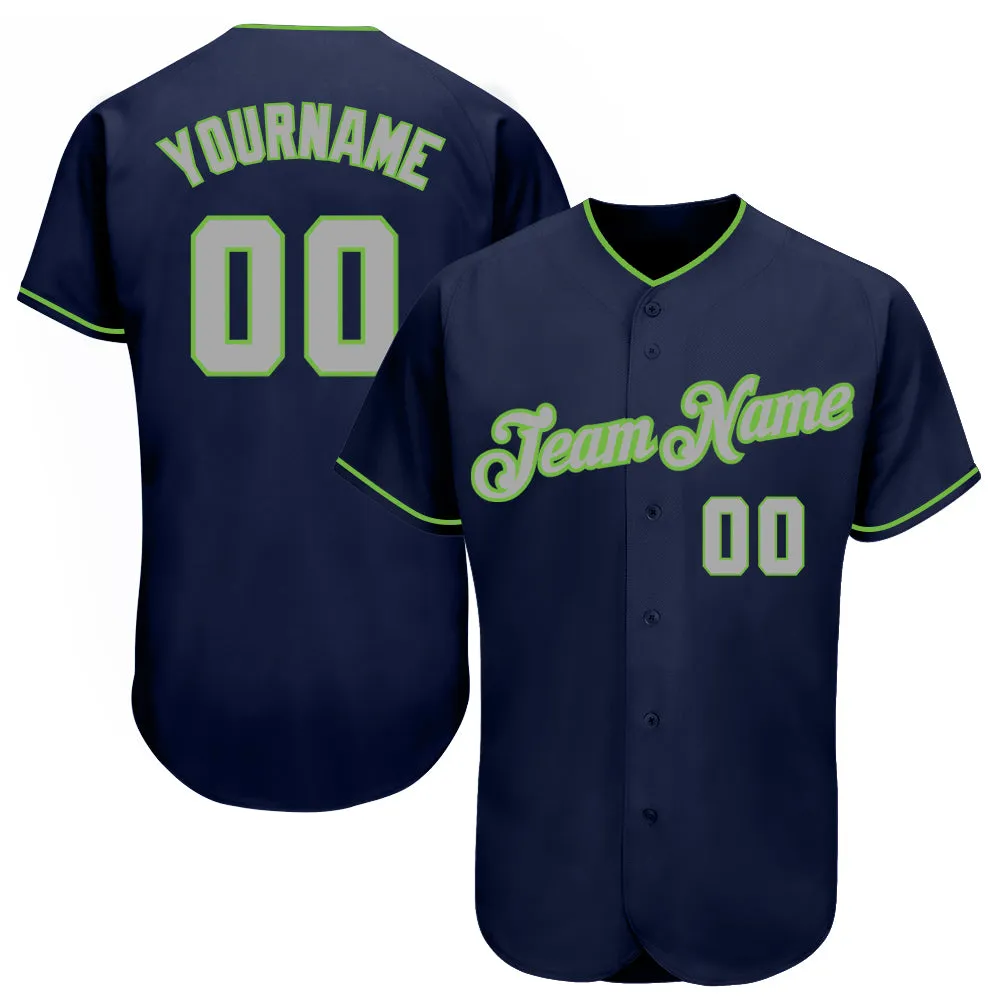 Custom Navy Gray-Neon Green Authentic Baseball Jersey Jersey