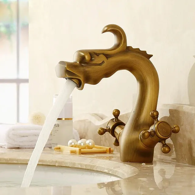 Dragon Carved Basin Faucet Sink Faucet Dual Handle Bathroom Mixer Tap