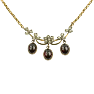 Estate 9K Yellow Gold Cabochon Garnet Necklace