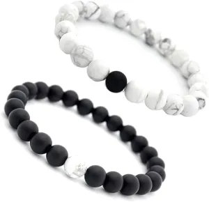 Fashion Frill Stylish Couple Bracelets Black & White Red Natural Stone Onyx Stretchable Wrist Band Heart Magnetic Bracelet For Women Men Boys Girls Love Gifts Friendship Bracelets