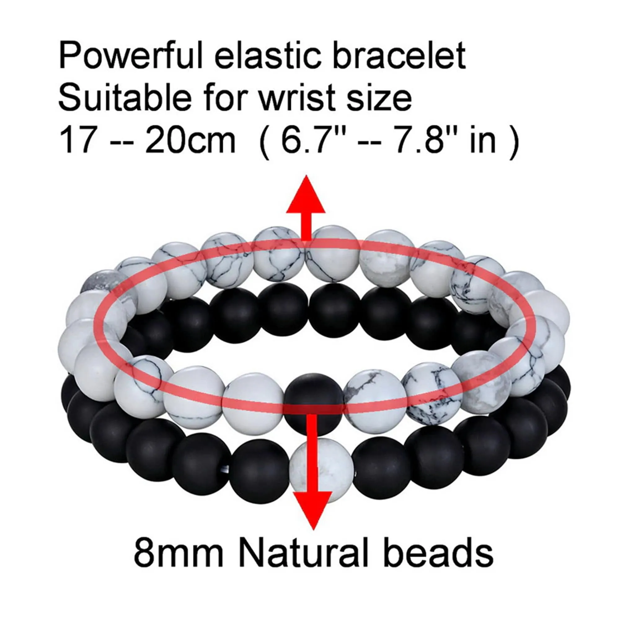 Fashion Frill Stylish Couple Bracelets Black & White Red Natural Stone Onyx Stretchable Wrist Band Heart Magnetic Bracelet For Women Men Boys Girls Love Gifts Friendship Bracelets