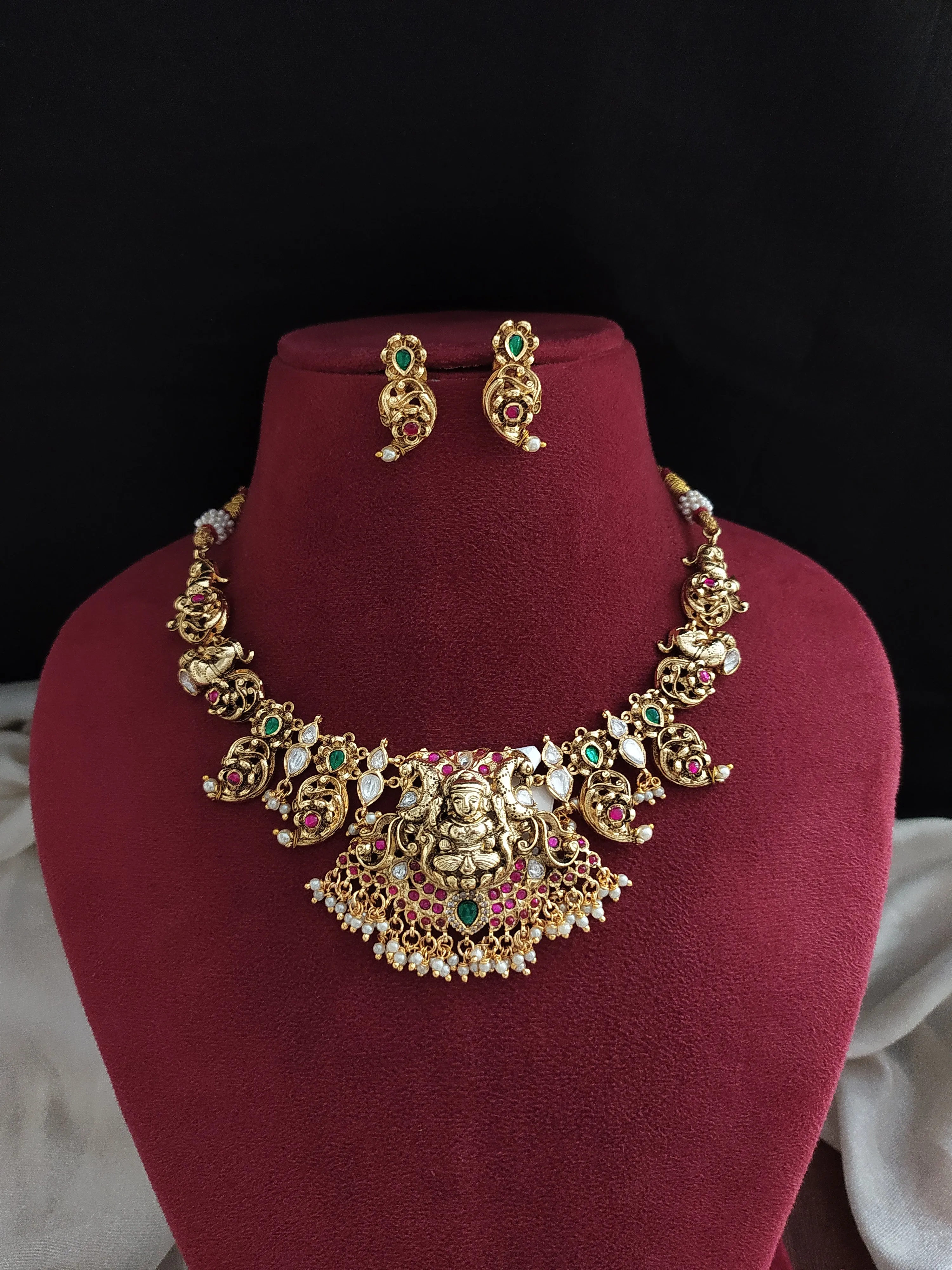 Fusion Traditional Antique Lakshmi-Mango Necklace Set with Moissanite & Kundan Stones