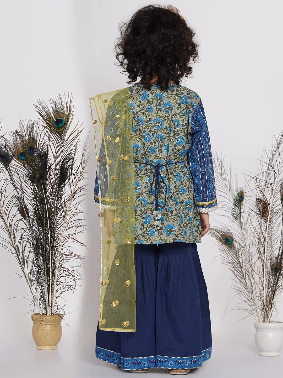 Girl's Lacework Floral Kurta with Sharara and Dupatta in Indigo Blue and Green  - Little Bansi Girls