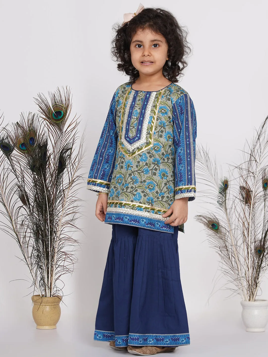 Girl's Lacework Floral Kurta with Sharara and Dupatta in Indigo Blue and Green  - Little Bansi Girls