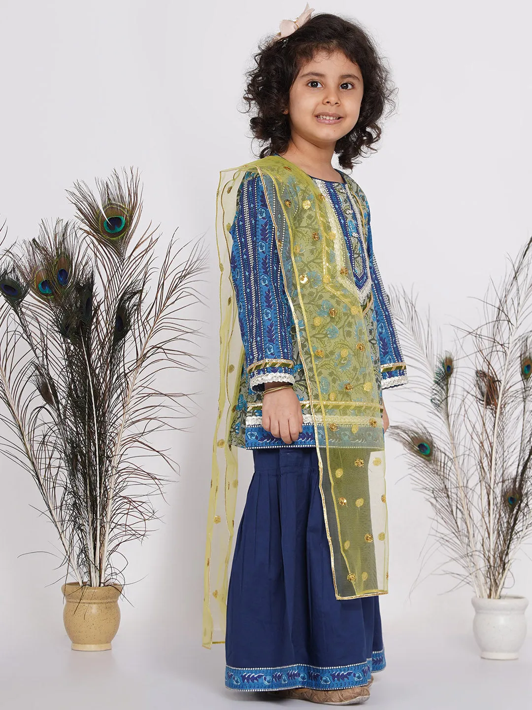 Girl's Lacework Floral Kurta with Sharara and Dupatta in Indigo Blue and Green  - Little Bansi Girls