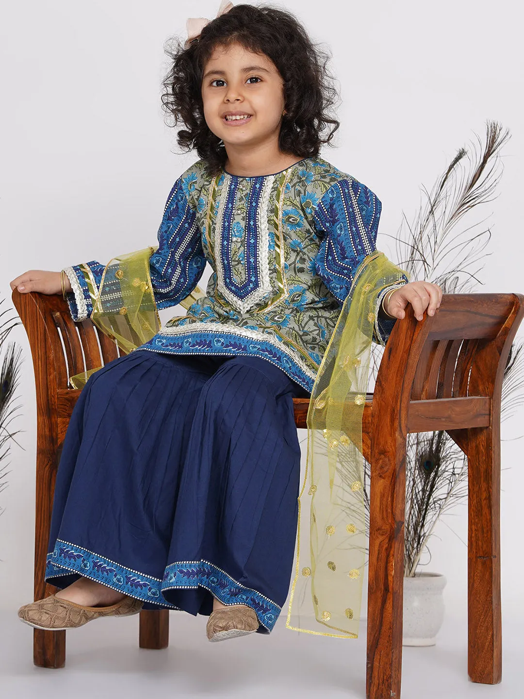 Girl's Lacework Floral Kurta with Sharara and Dupatta in Indigo Blue and Green  - Little Bansi Girls