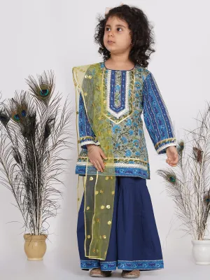 Girl's Lacework Floral Kurta with Sharara and Dupatta in Indigo Blue and Green  - Little Bansi Girls