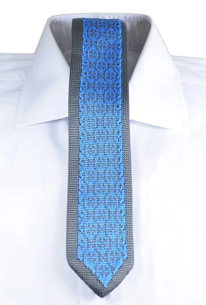 Grey and Blue Patterned Knit Tie by Paul Malone