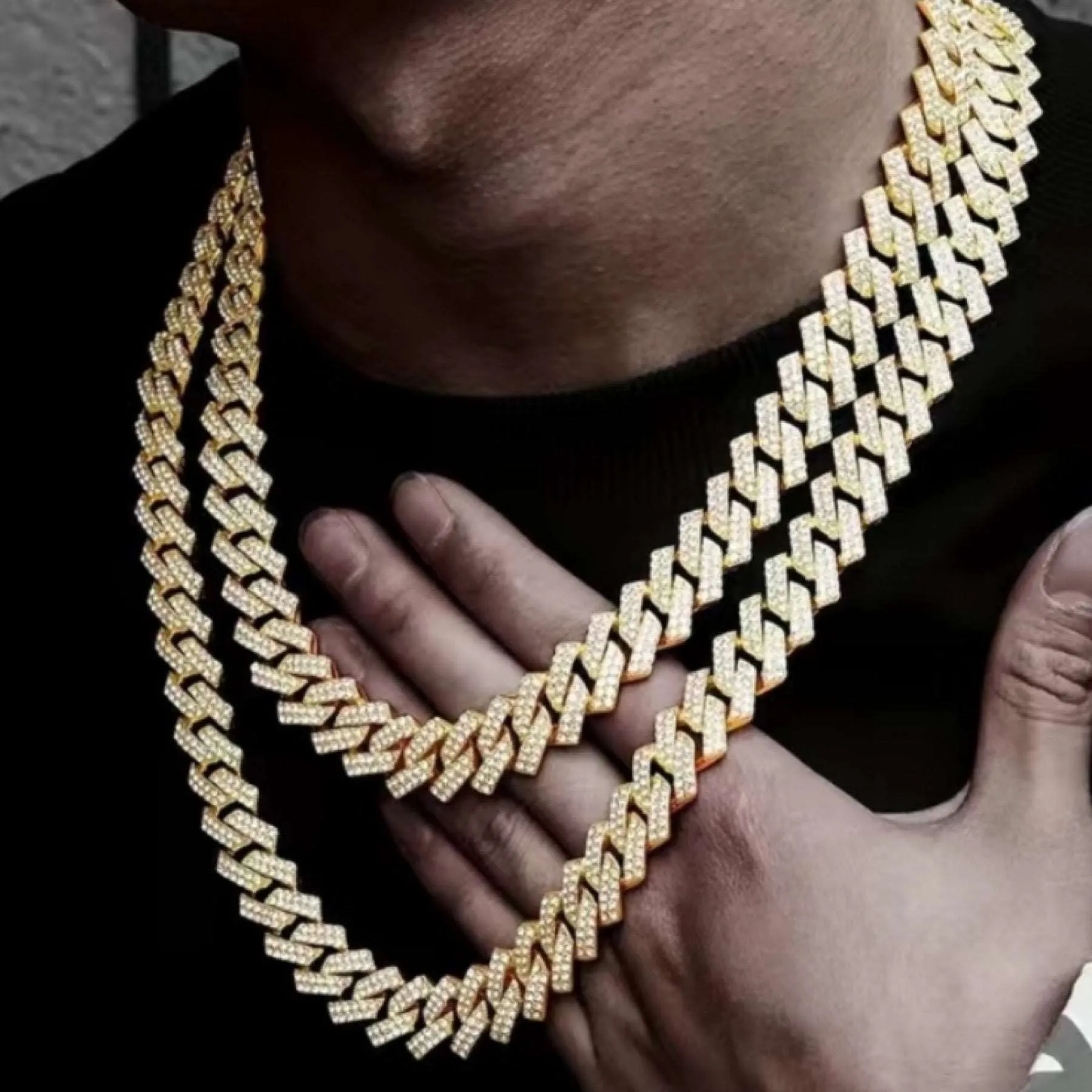 Iced Out Bling Gold Cuban Chain Hip Hop Style Necklace