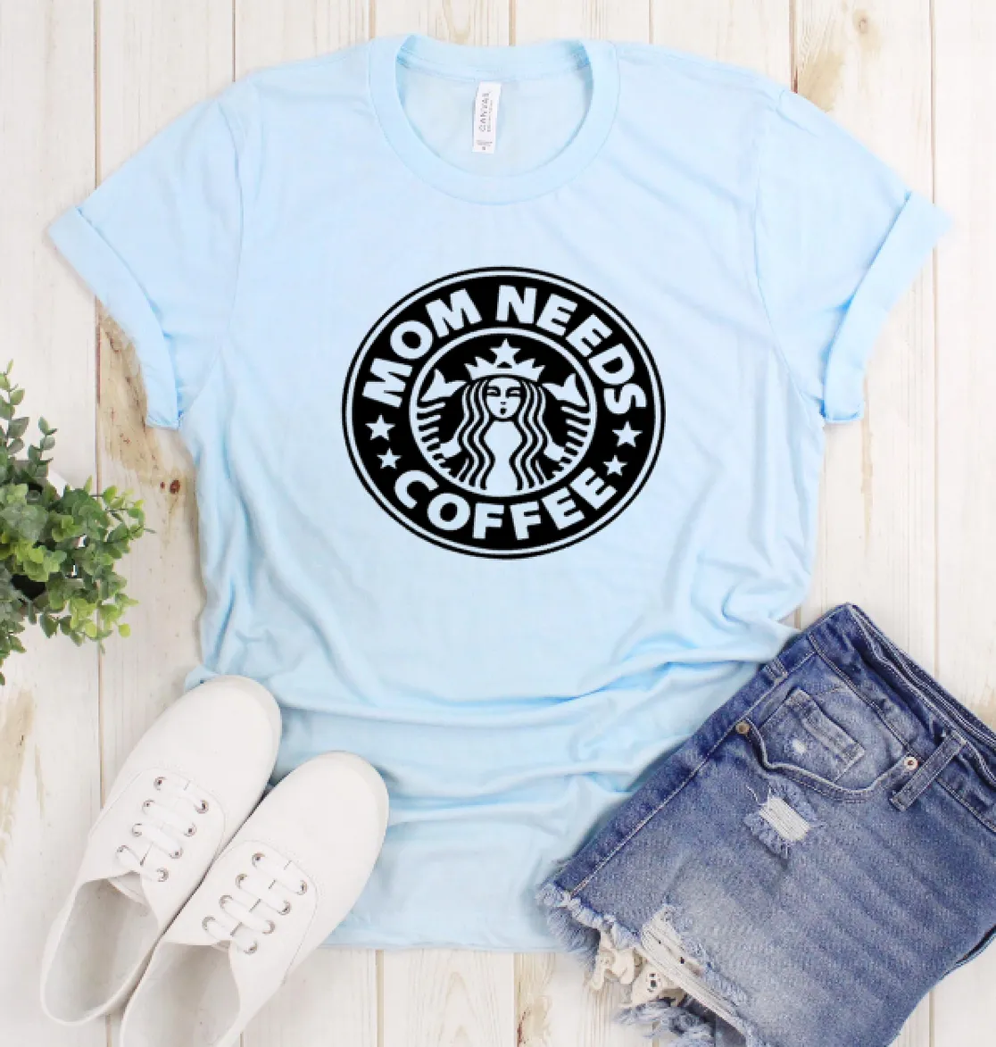 Mom Needs Coffee T-shirt on Soft, Hi-Quality Bella Canvas Tee - Light Blue