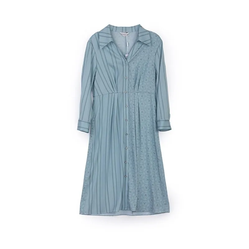 Pale Blue Striped V-neck Waist Shirt Dress