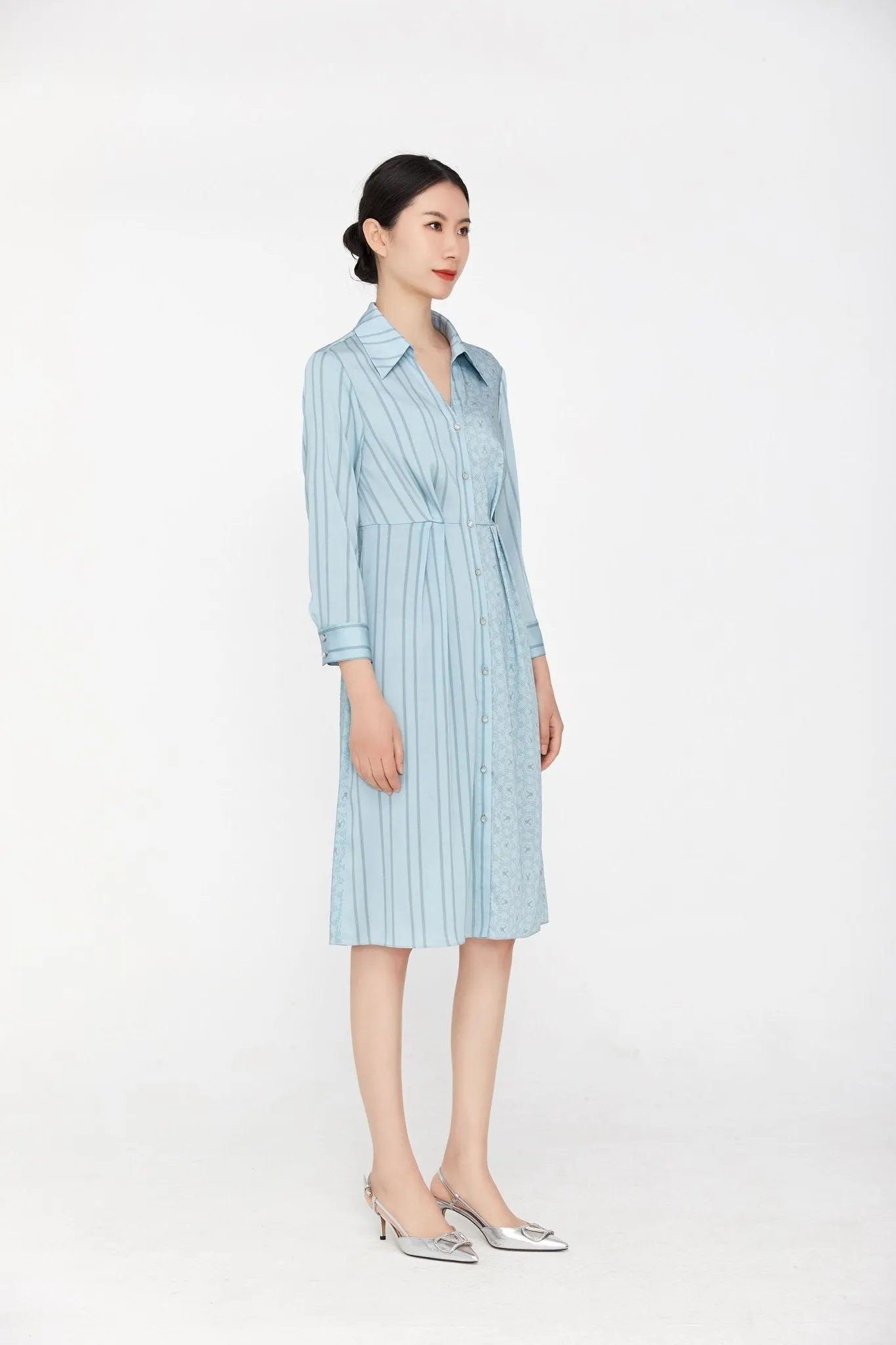 Pale Blue Striped V-neck Waist Shirt Dress