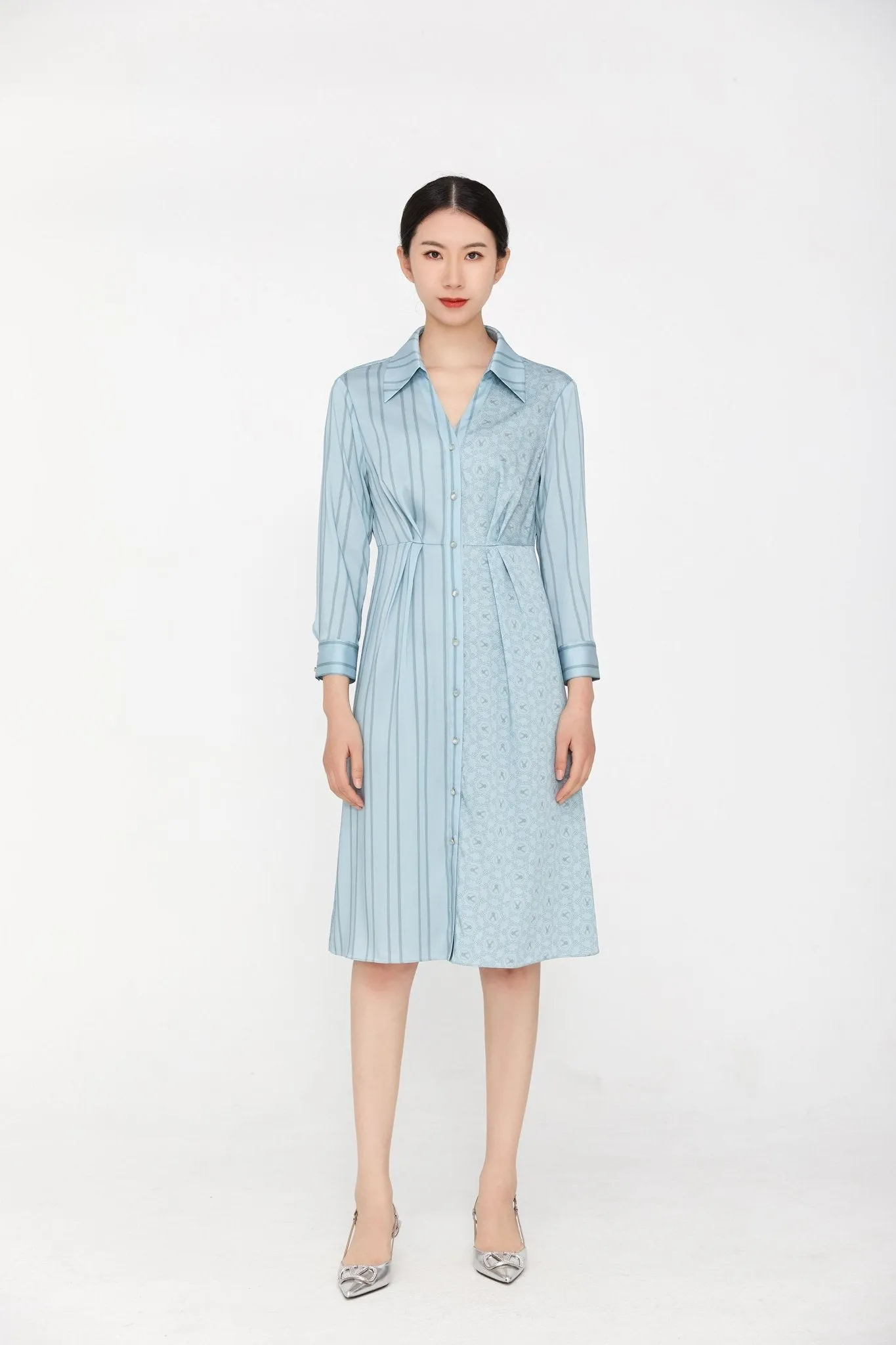 Pale Blue Striped V-neck Waist Shirt Dress