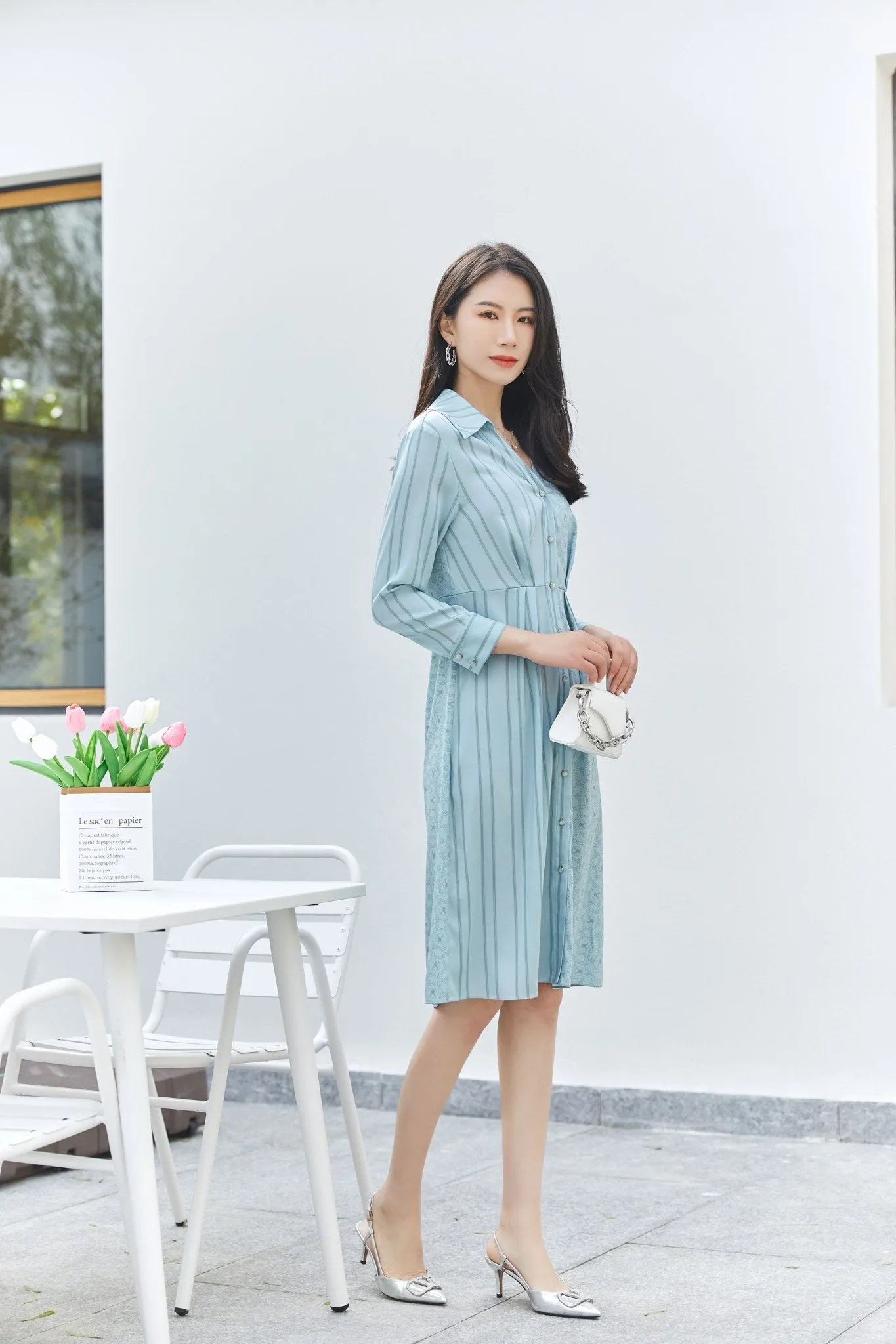 Pale Blue Striped V-neck Waist Shirt Dress