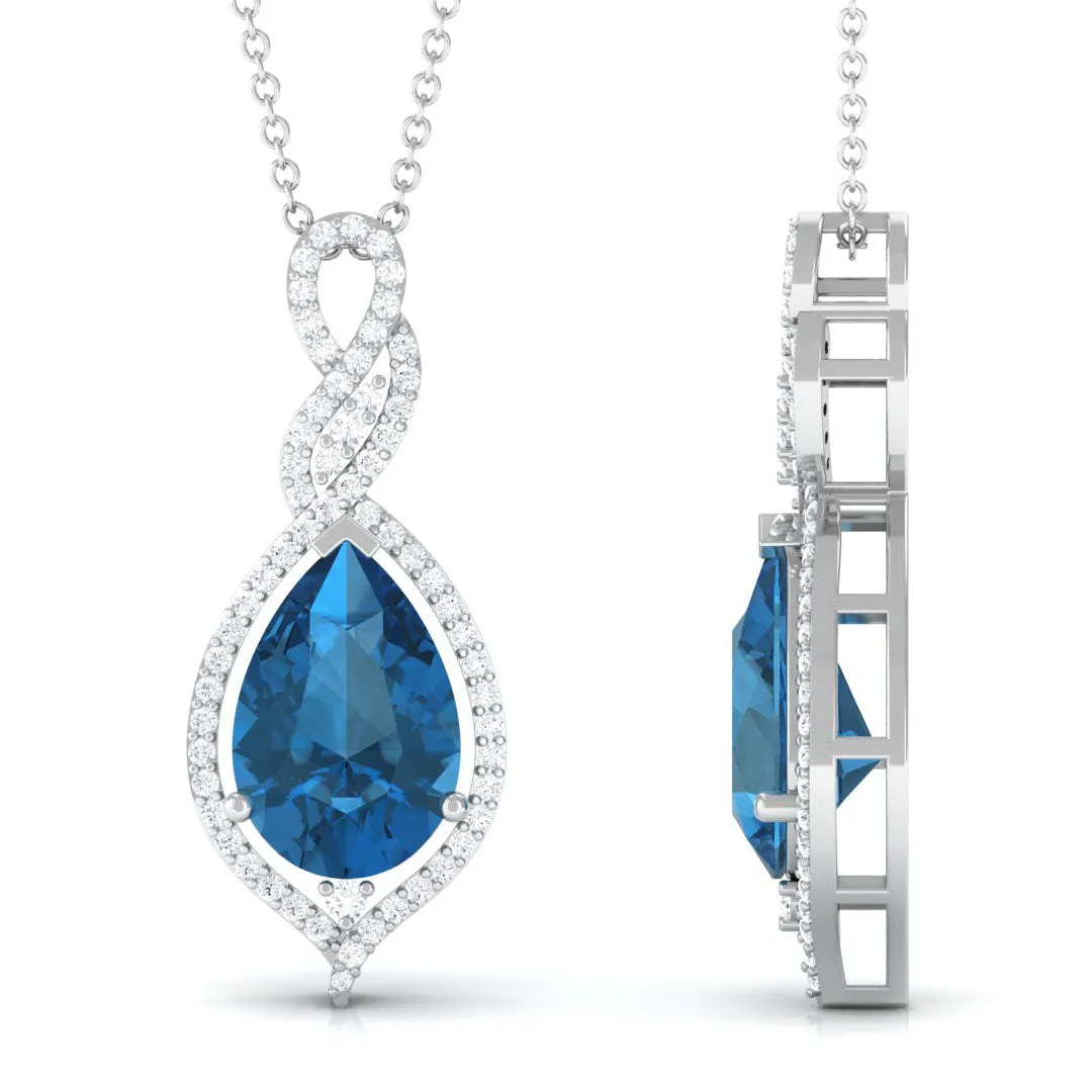 Pear Cut London Blue Topaz Teardrop Pendant with Diamond