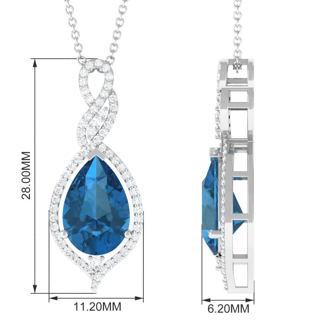 Pear Cut London Blue Topaz Teardrop Pendant with Diamond