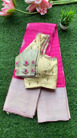 Pink and cream kanchipuram silk saree with hand worked blouse