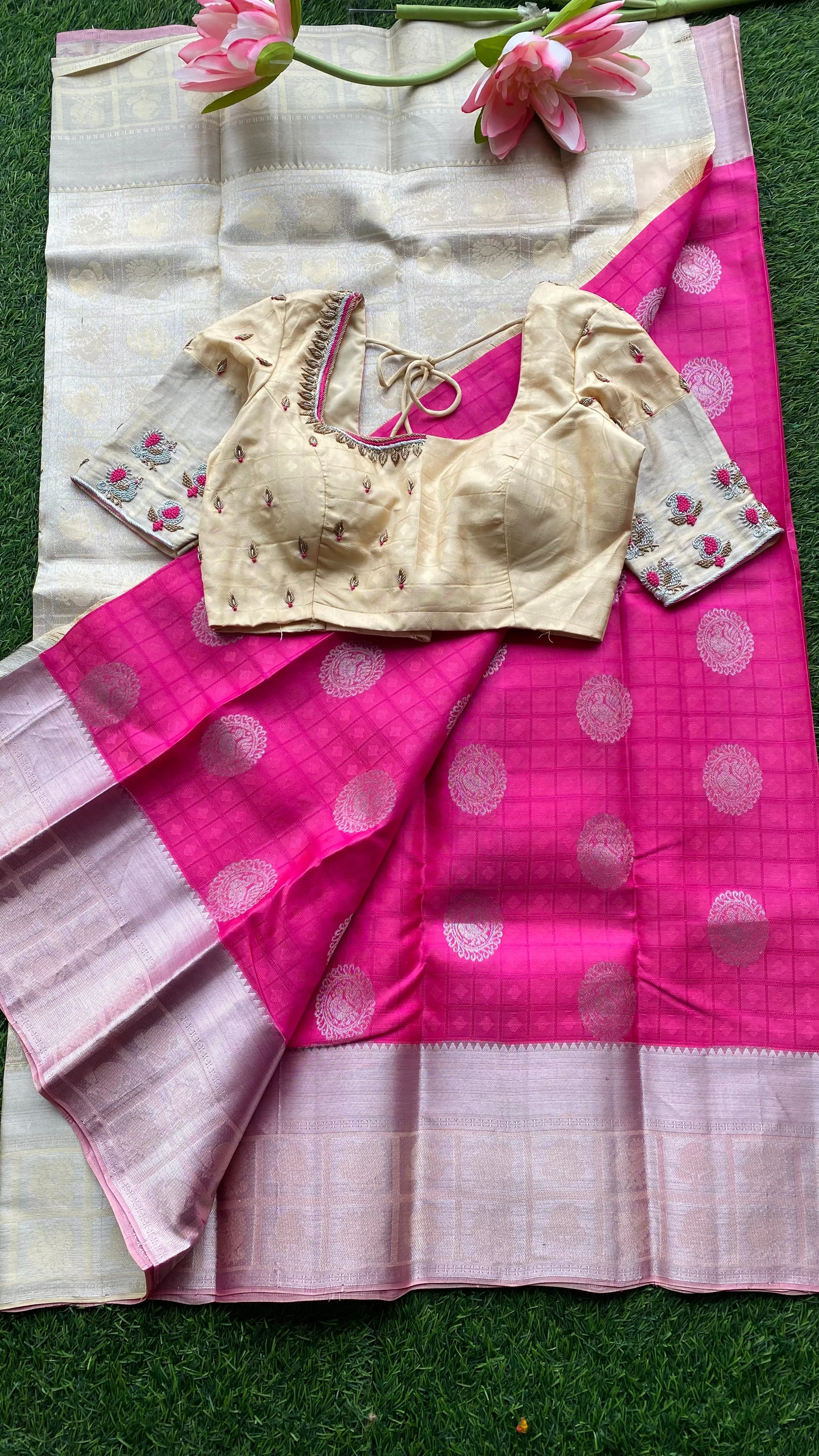 Pink and cream kanchipuram silk saree with hand worked blouse