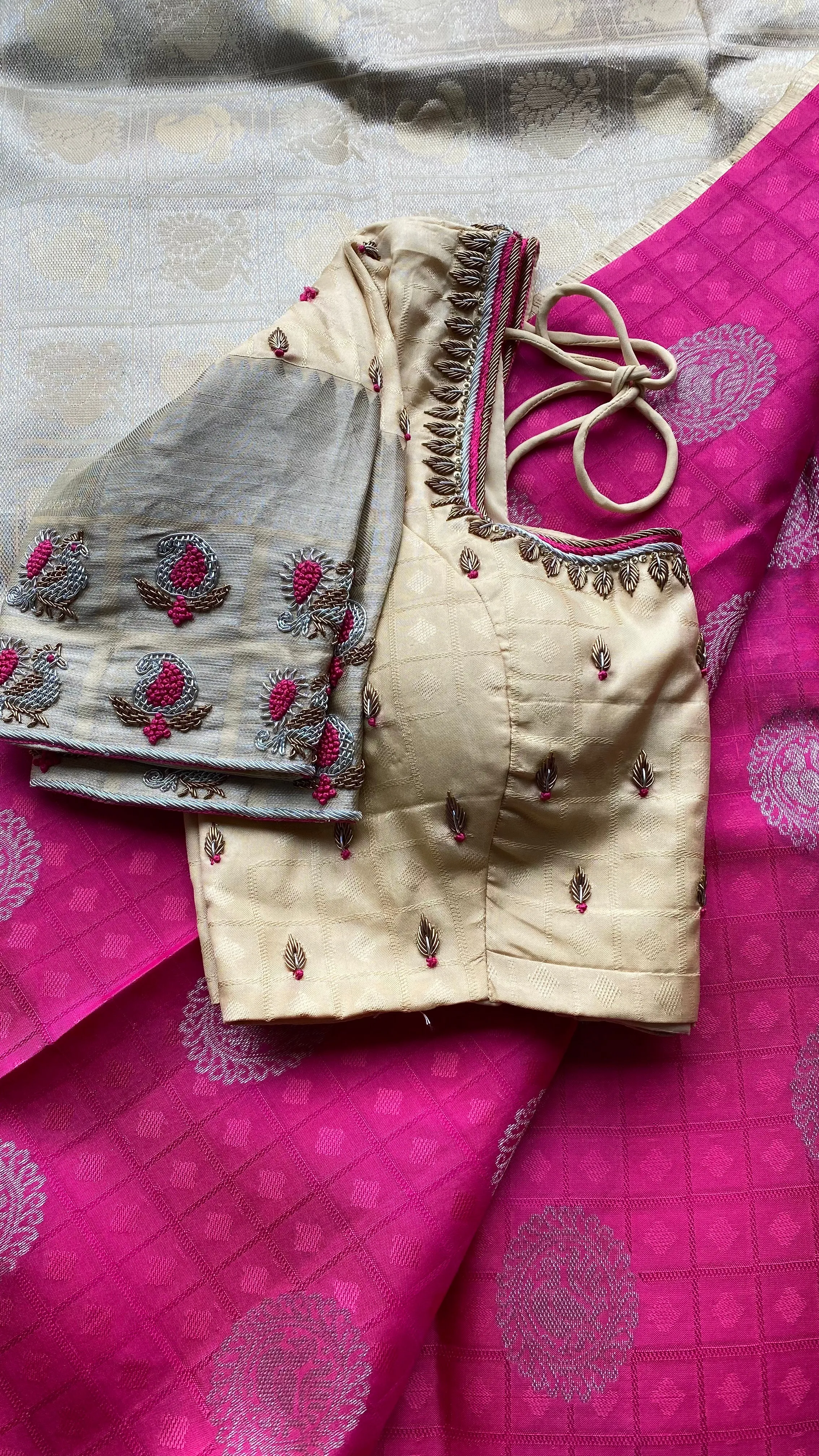 Pink and cream kanchipuram silk saree with hand worked blouse