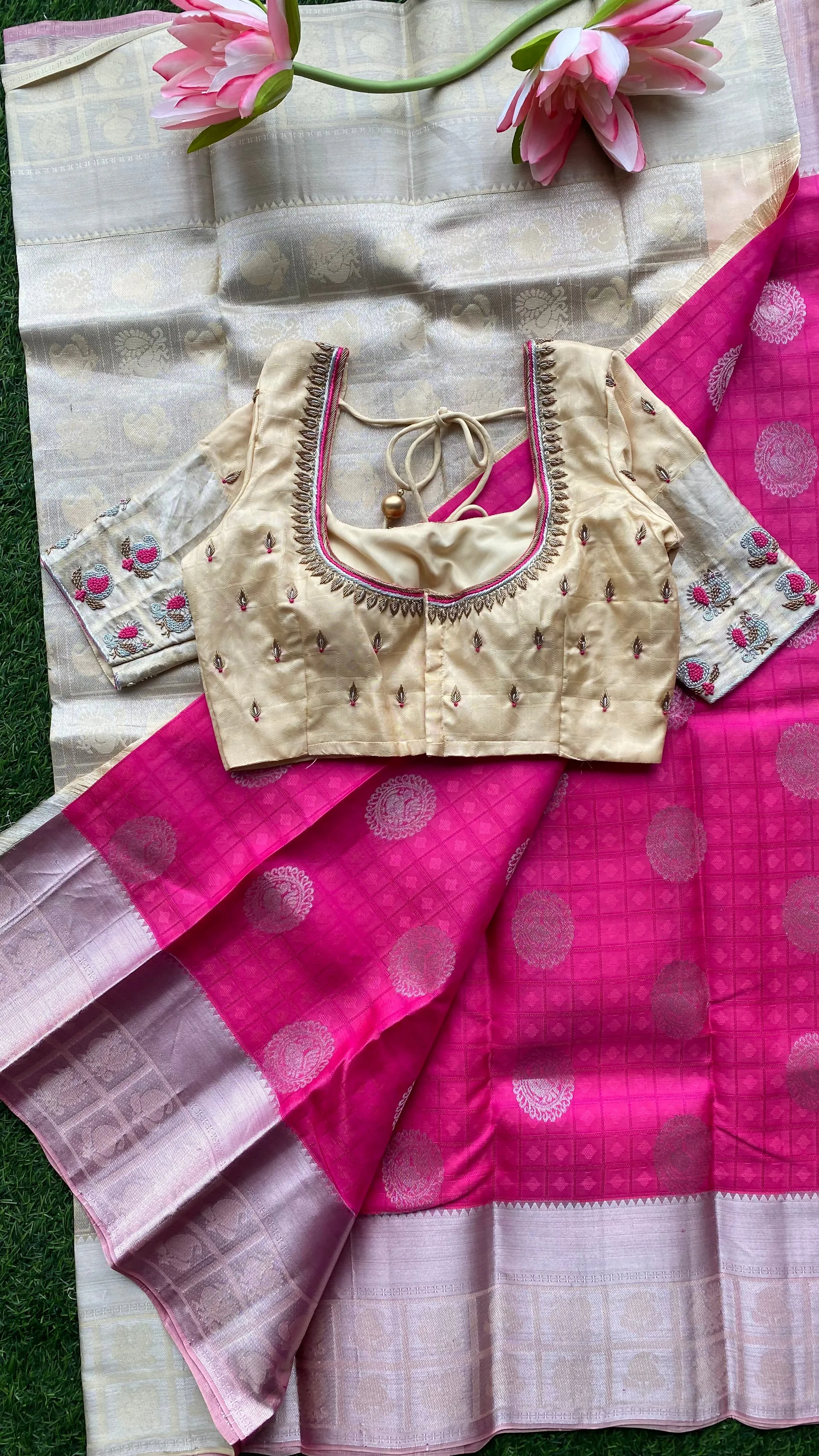 Pink and cream kanchipuram silk saree with hand worked blouse