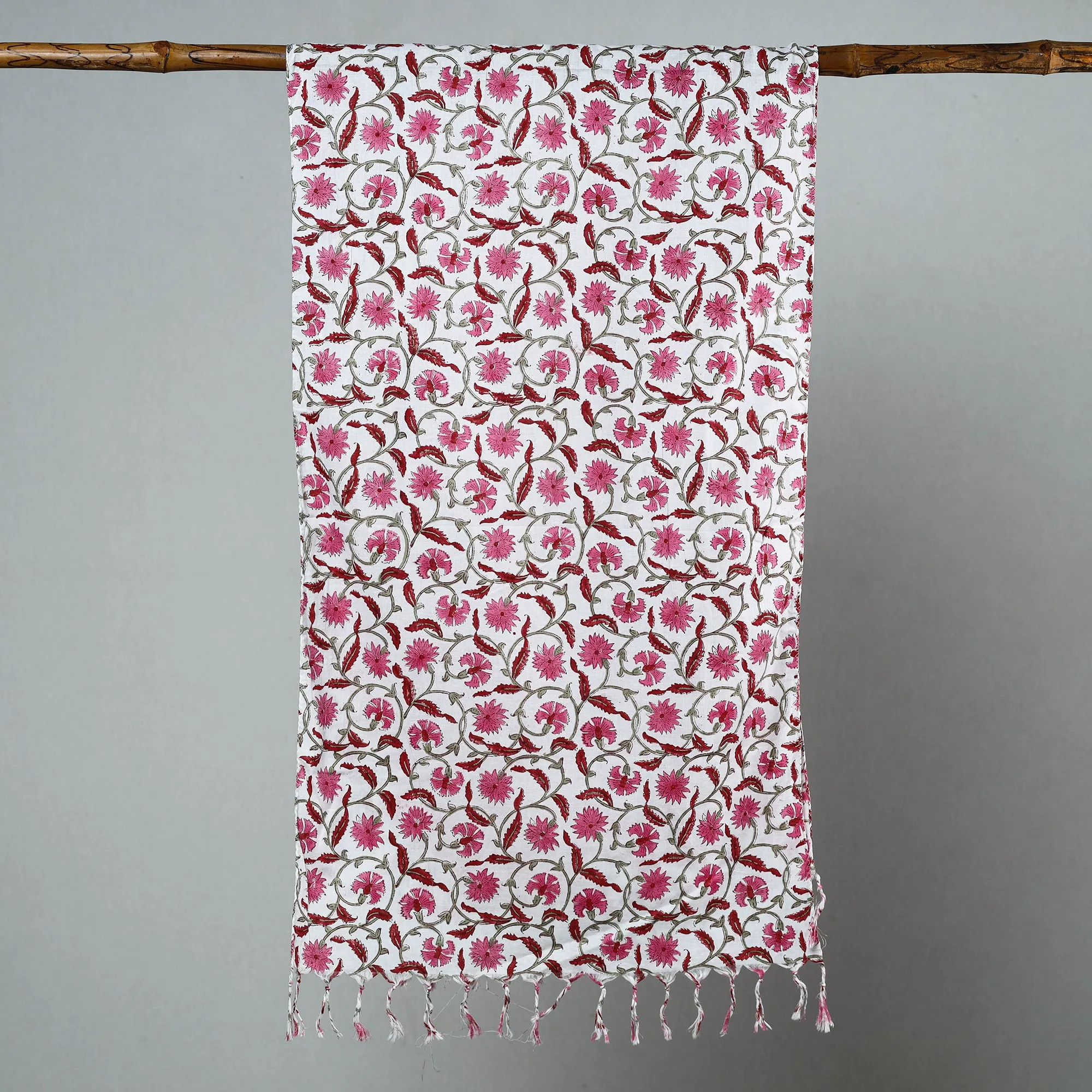 Pink - Sanganeri Block Printed Cotton Stole with Tassels 200