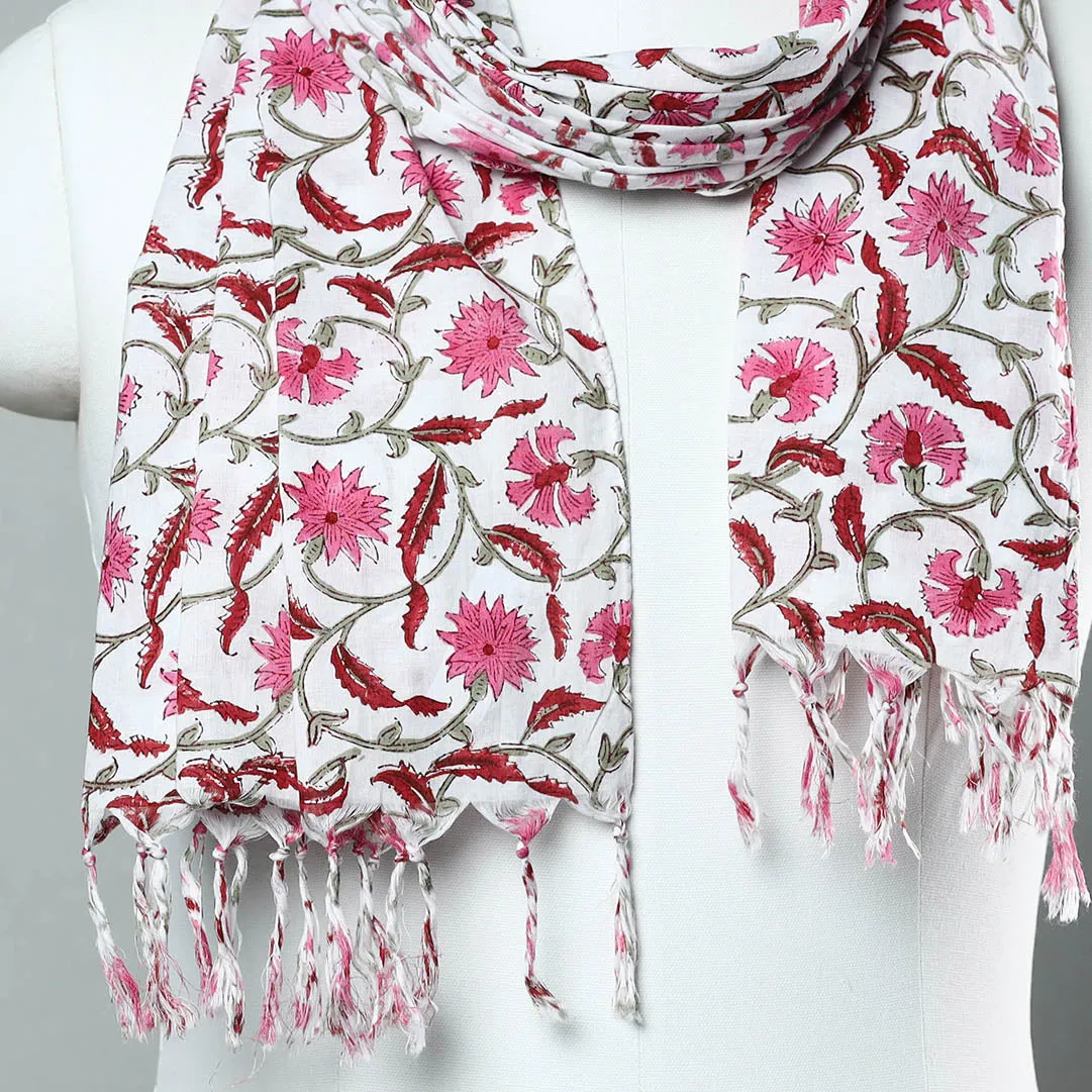 Pink - Sanganeri Block Printed Cotton Stole with Tassels 200