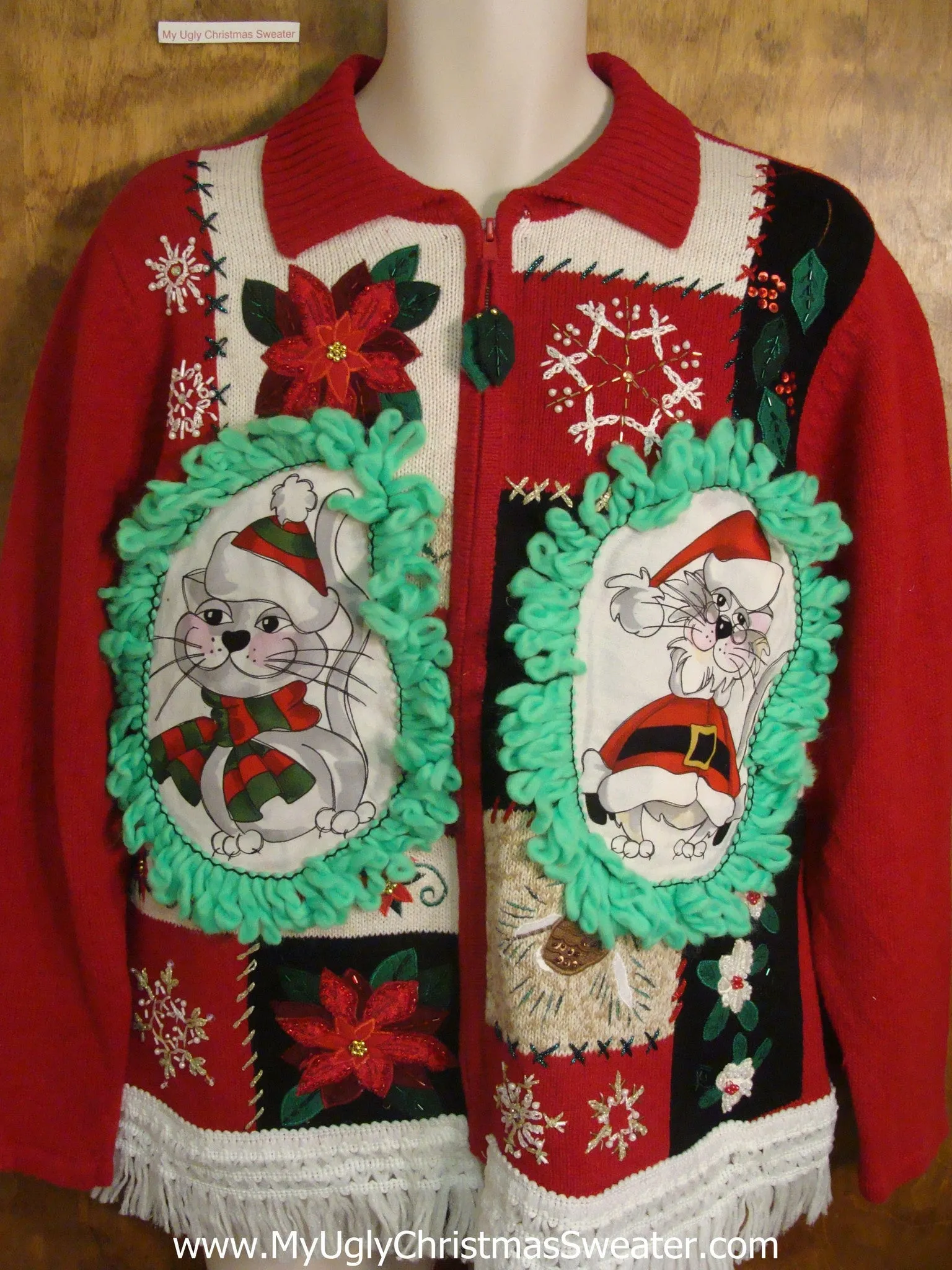 Poinsettias and Snowflake Patchwork Cat Christmas Sweater