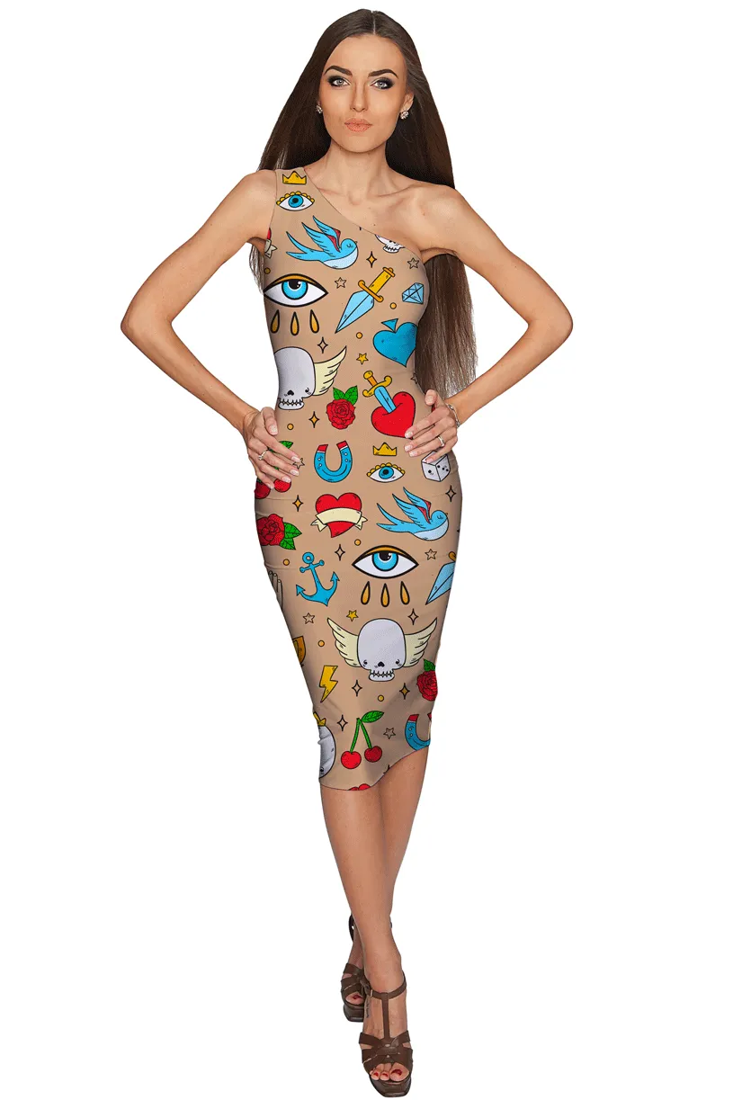 Pretty in Ink Layla Beige Tattoo Print Bodycon Midi Dress - Women