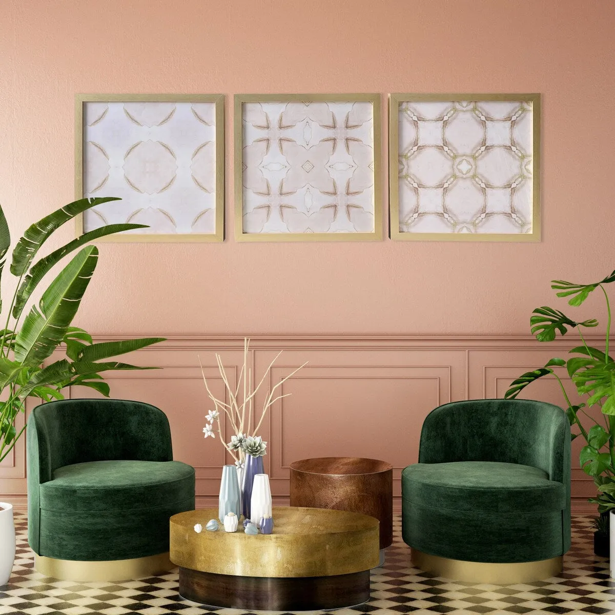 "Blush Pink Patterns" 3 Piece Set Print with Gold Frames