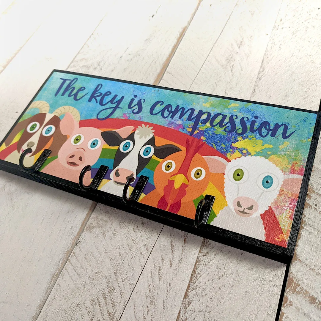 "The key is compassion" Whimsical Vegan Animals Key Holder