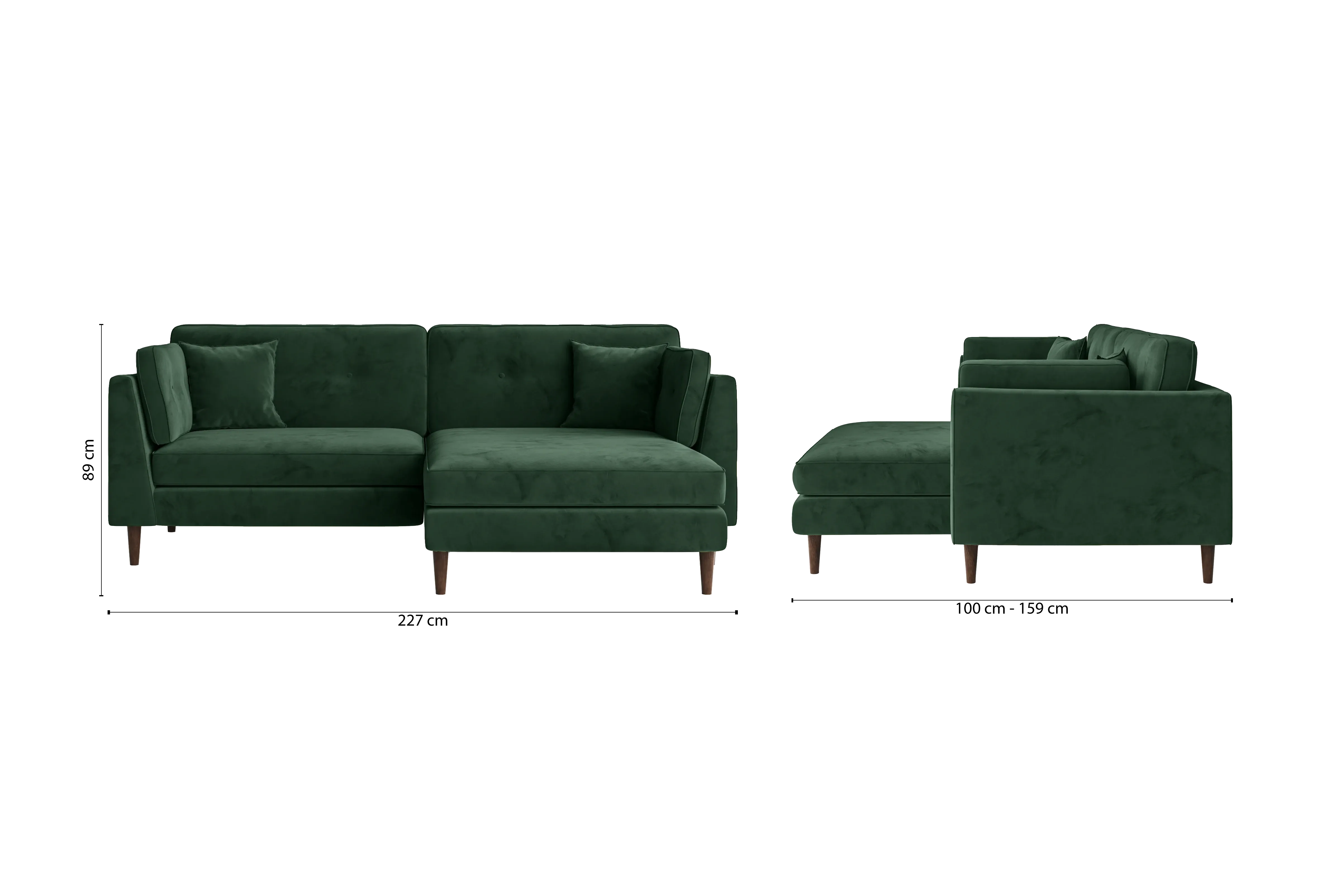 Ragusa 3 Seater Right Hand Facing Chaise Lounge Corner Sofa Green Velvet