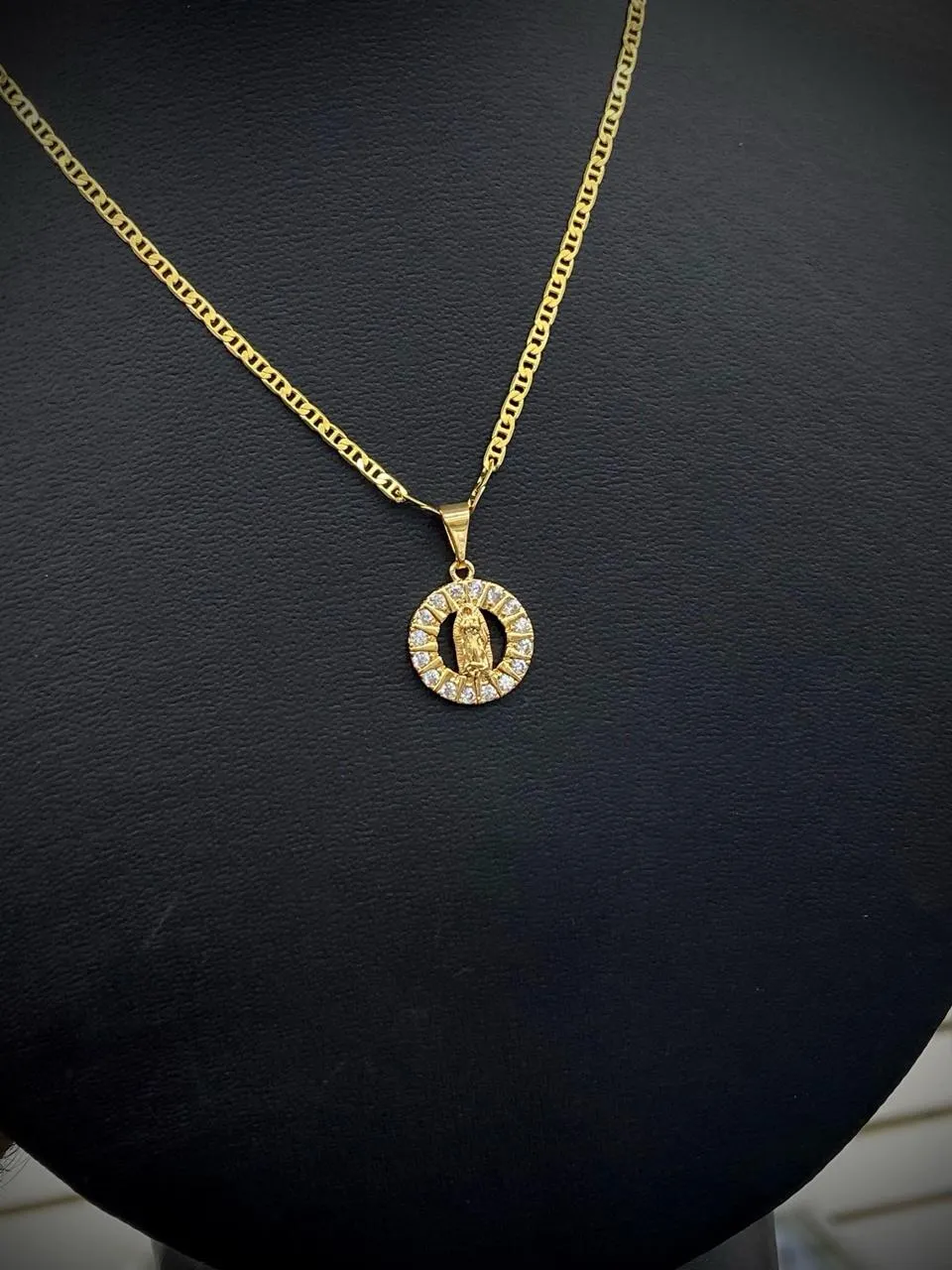 Round CZ Virgen de Guadalupe Necklace Mariner Chain Gold Filled Gifts Jewel