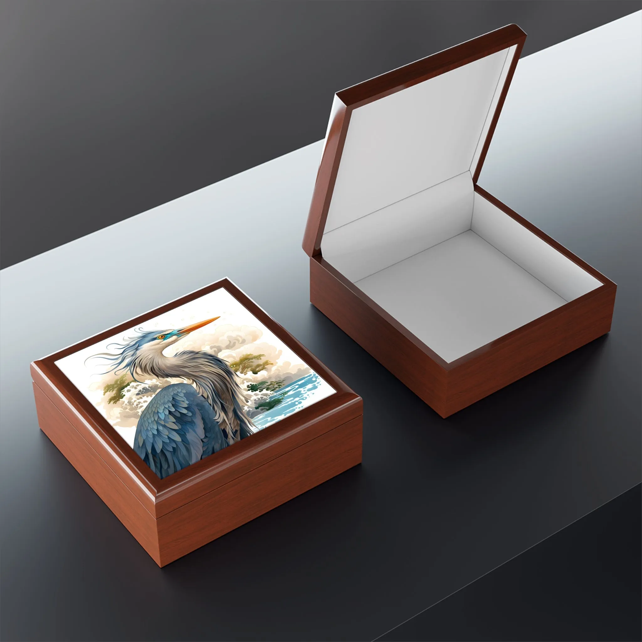 Stylized Great Blue Heron Artwork Gift and Jewelry Box