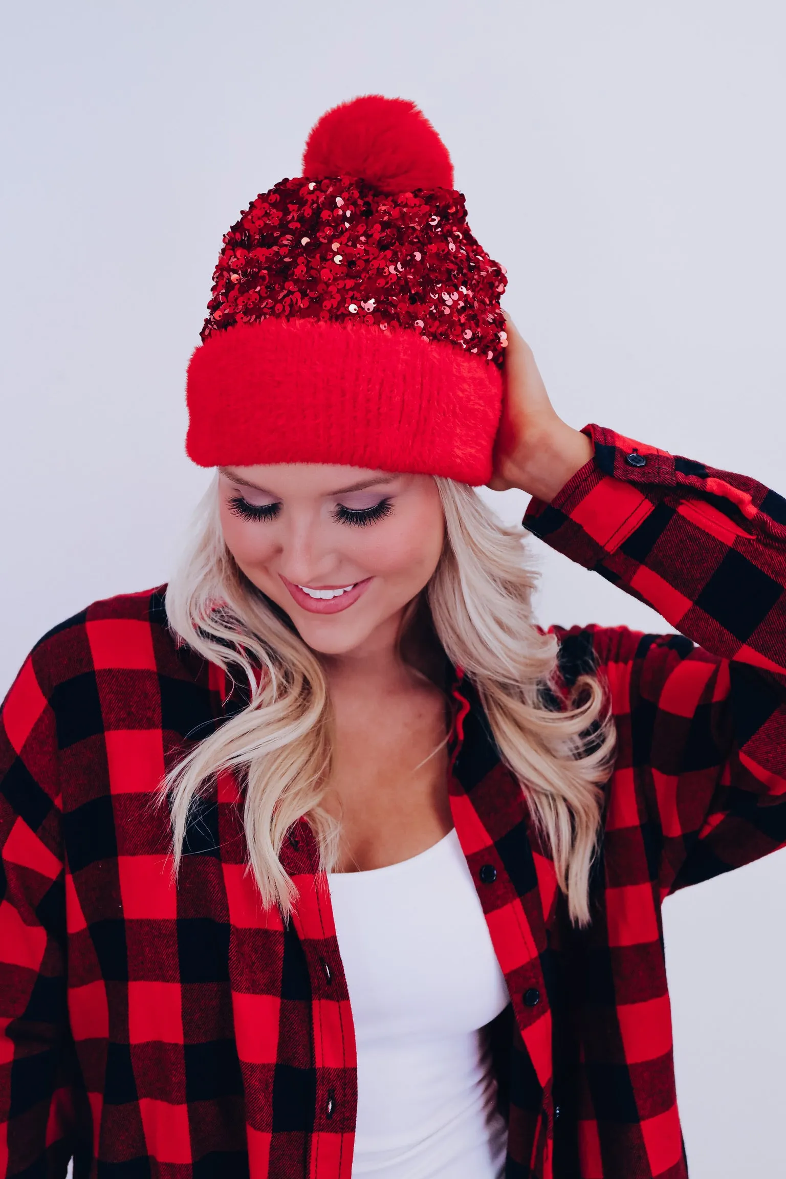 Suzie Sequin Pom Beanie - Red