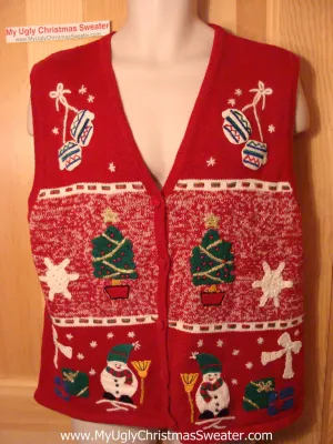 Tacky Ugly Christmas Sweater Vest Red with Festive Snowmen, Trees, and Snowflakes (f25)