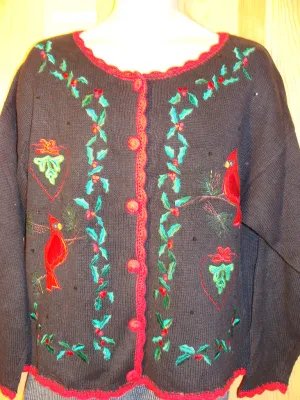 Tacky Ugly Christmas Sweater with Ivy and Red Birds (f459)