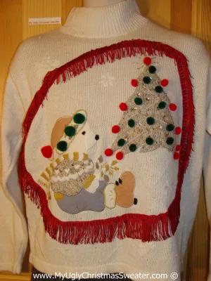 Ugly Christmas Sweater Party Holy Grail of Ugly Sweater with Bear and Tree with 3D Pom Poms and Fringe (x2)