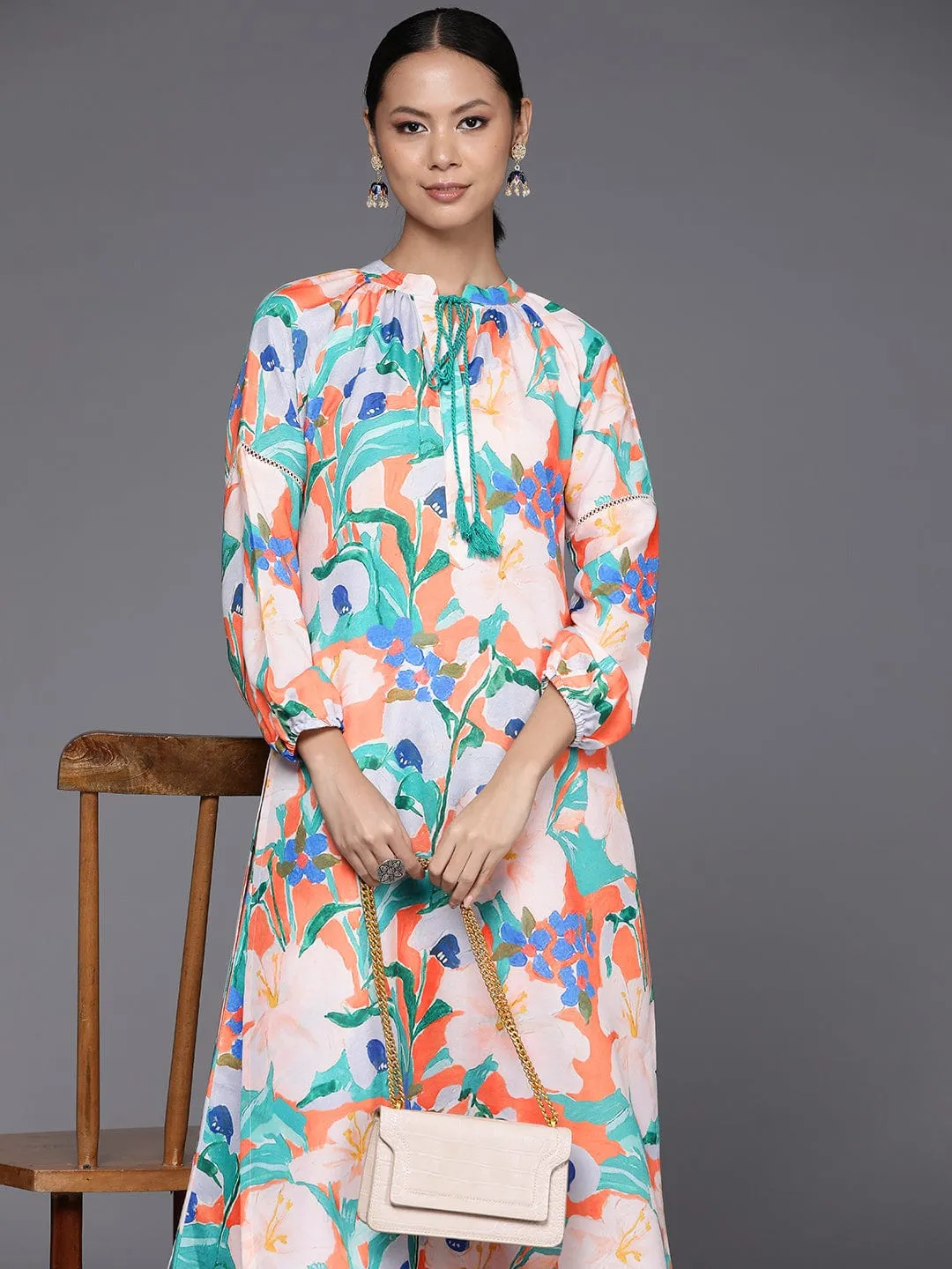 Varanga Women Orange Floral Printed Straight Kurta Paired With Printed Bottom