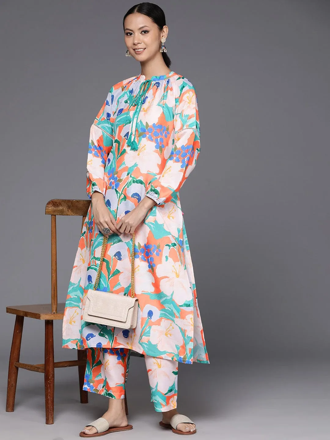 Varanga Women Orange Floral Printed Straight Kurta Paired With Printed Bottom