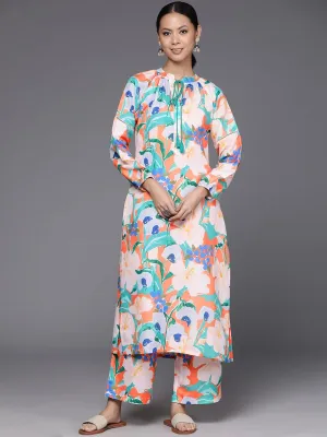 Varanga Women Orange Floral Printed Straight Kurta Paired With Printed Bottom