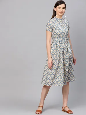 Women Beige & Blue Floral Tie-Up Flared Midi